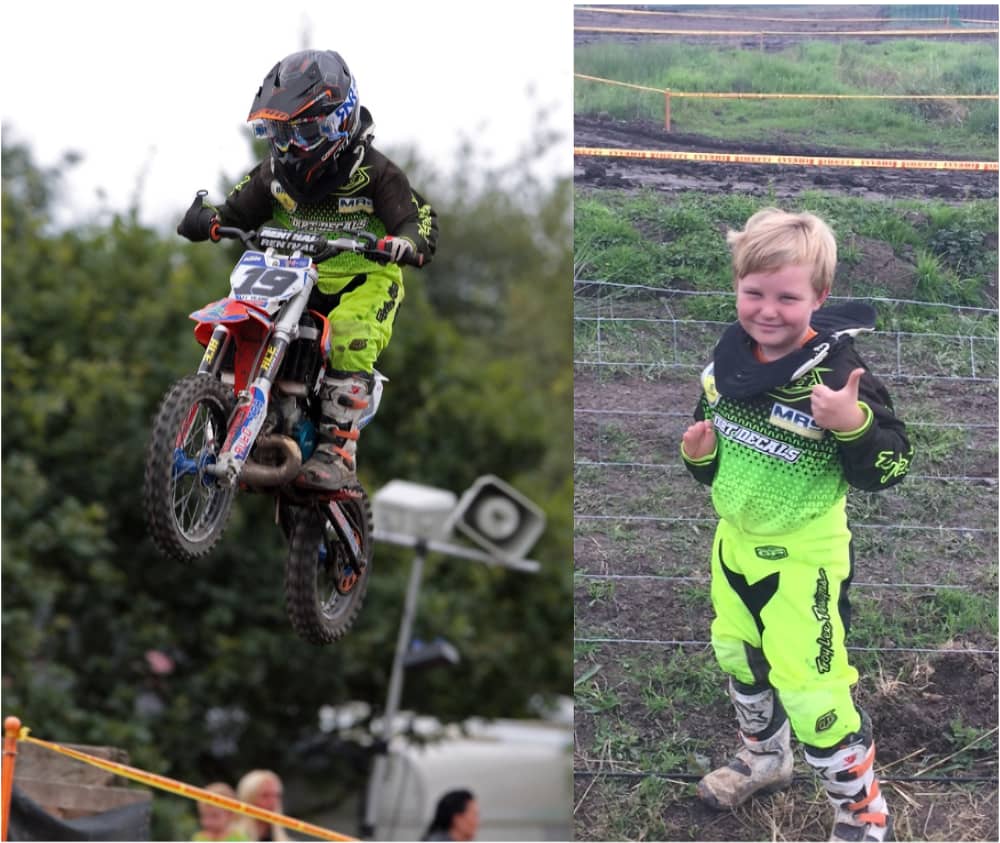 Image shows two pictures side by side. In the first, James is getting some air on his motocross bike, holding onto one of the handlebars with his Limb Difference gripping aid. In the second image, he standing on the grass giving a thumbs up to the camera and smiling.
