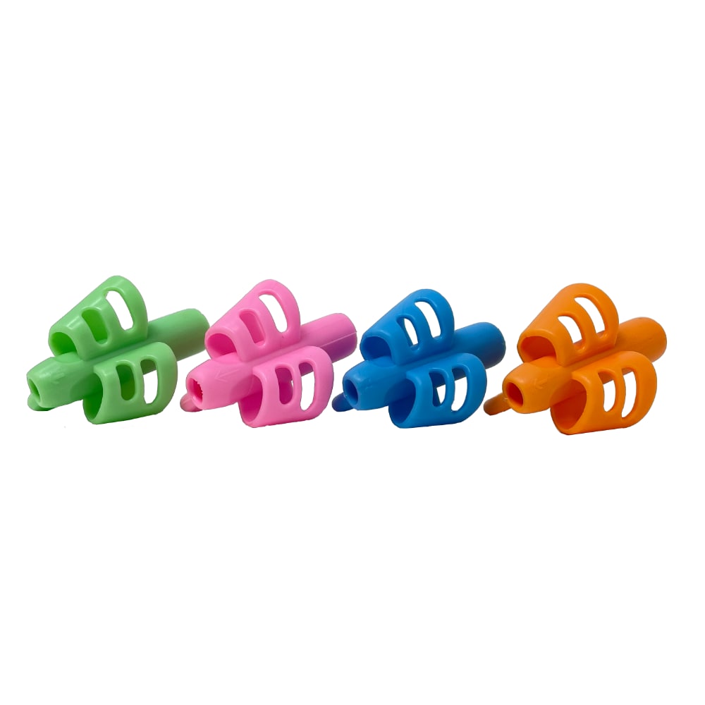 Pencil finger grips come in green, pink, blue and orange