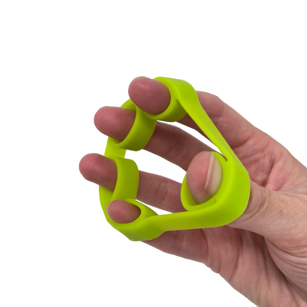Put the finger exercisers on to your fingers and thumb