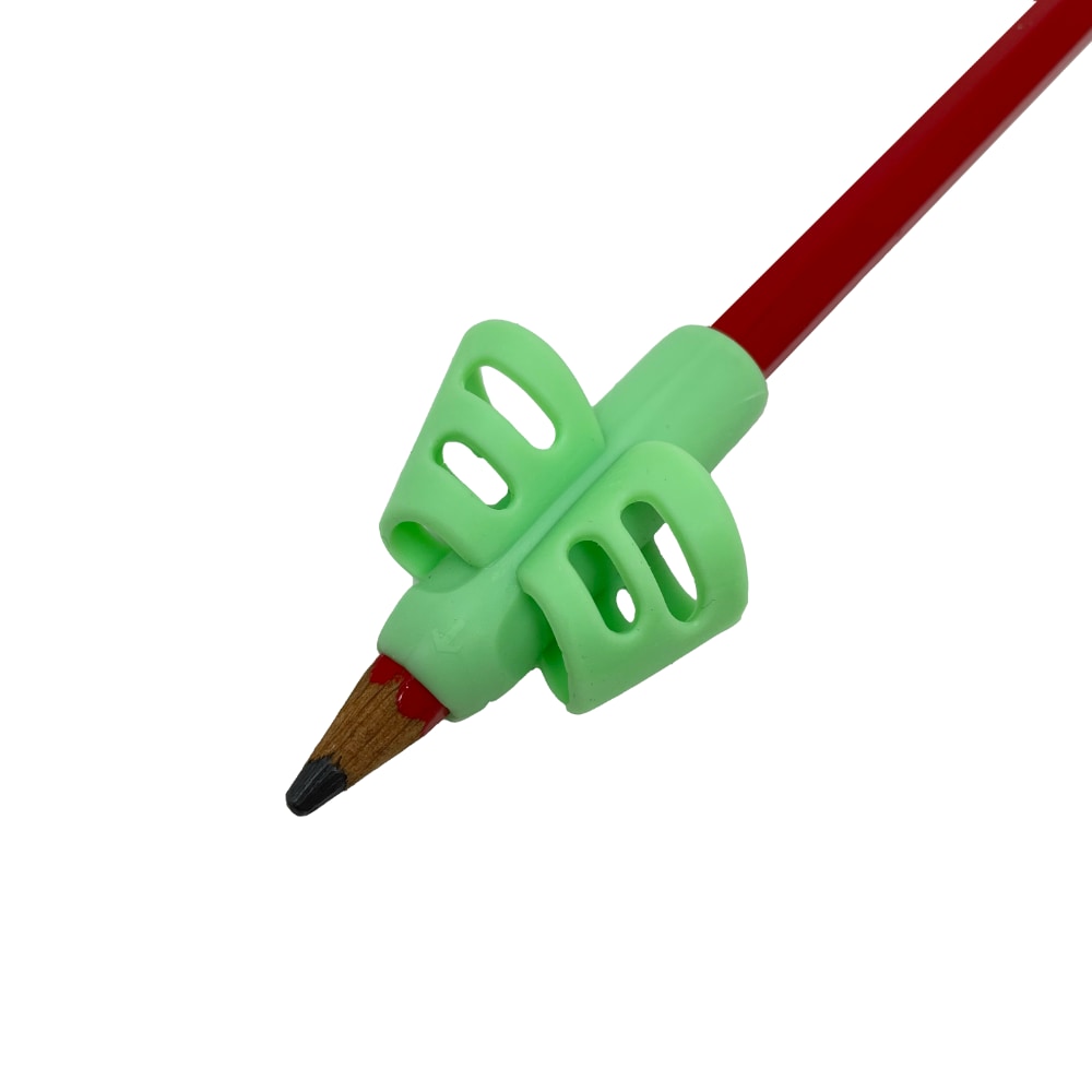 Green finger pencil grips on a pencil