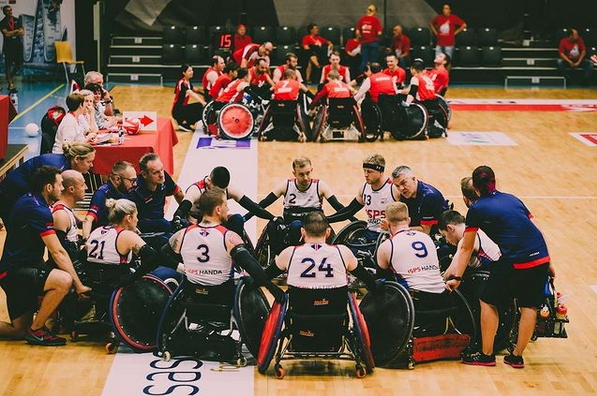 The GB rugby team having a team talk