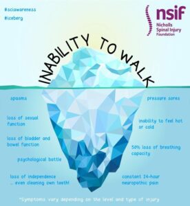 Iceberg with 'inability to walk' written above it. Below the water are listed many hidden effects of Spinal Cord Injury.