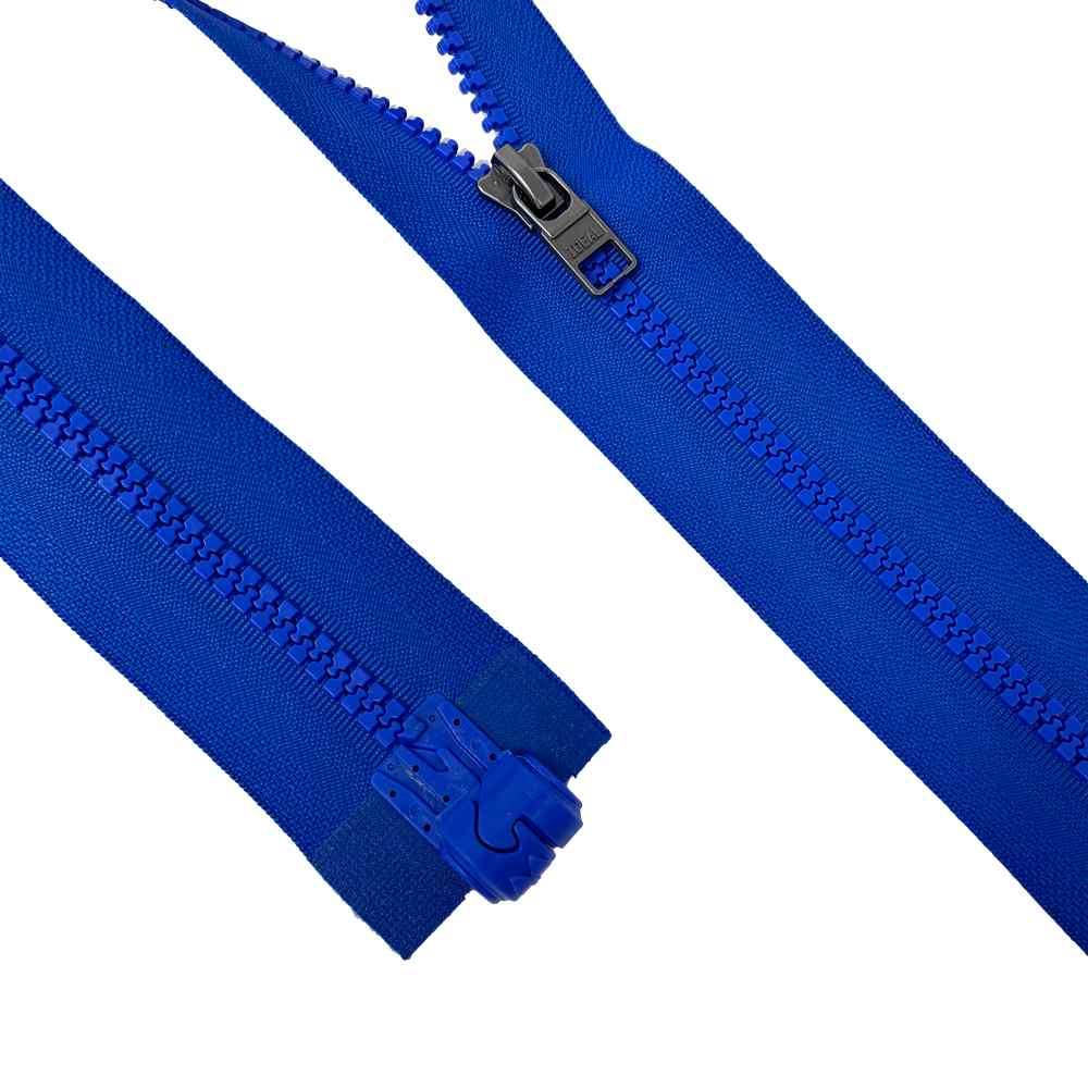Image shows two blue zips, one closed and one half open. Both use magzip technology