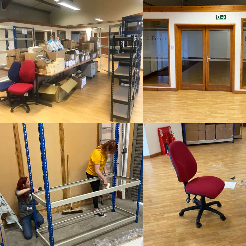 Busy moving boxes, building racking and assembling chairs