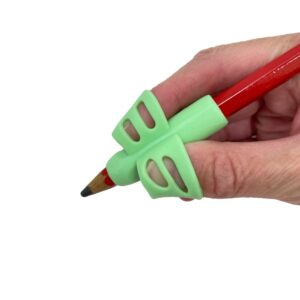 image shows a close up of pencil with a pencil grip attached and someone holding it using a pincer grip with their thumb and first finger.