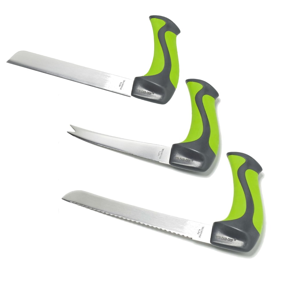 All-purpose, bread and carving knives with right-angled handles for those to relieve strain on wrist for those with arthritis and other hand or wrist function disabilities