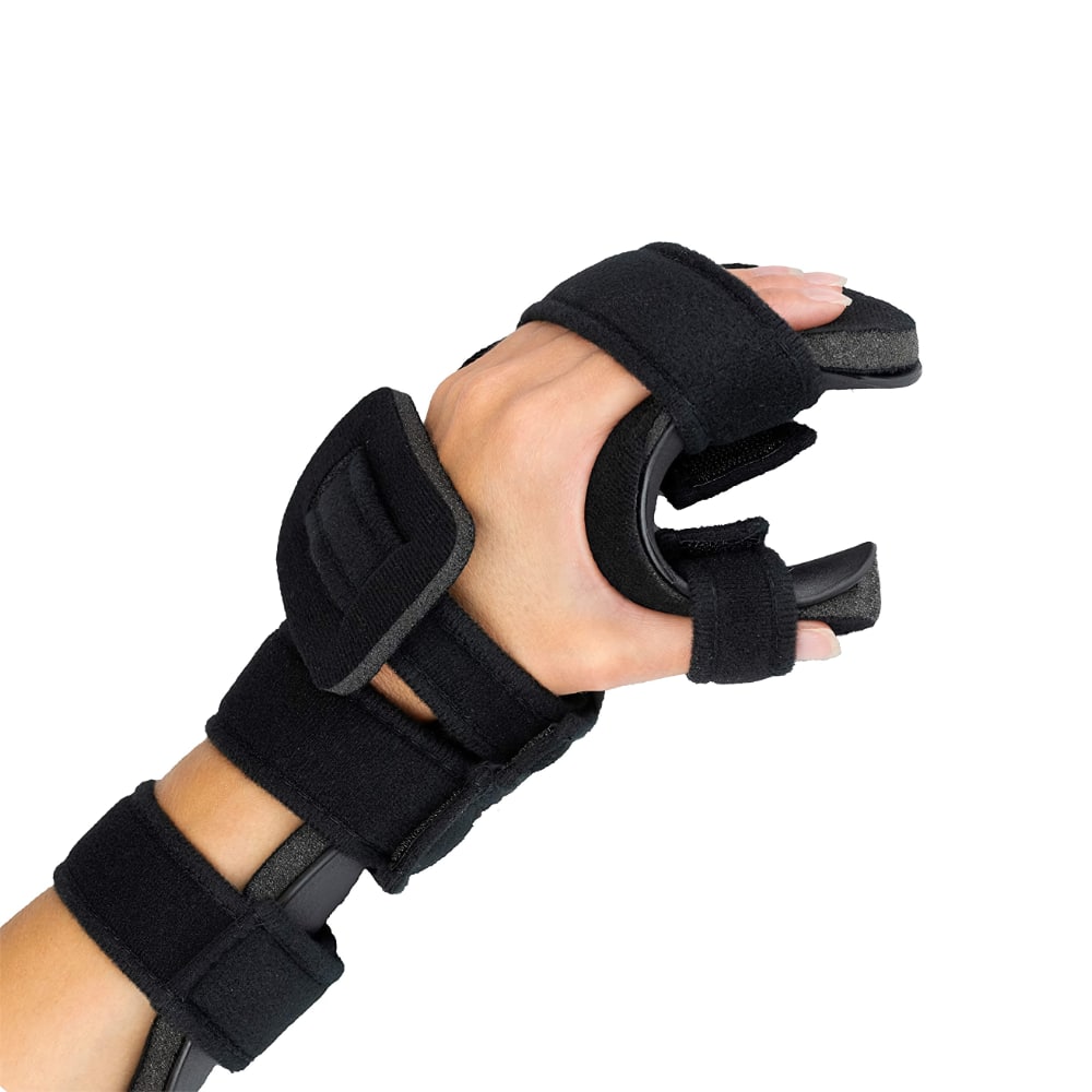 the resting hand brace is c shaped for comfort and to keep the hand open