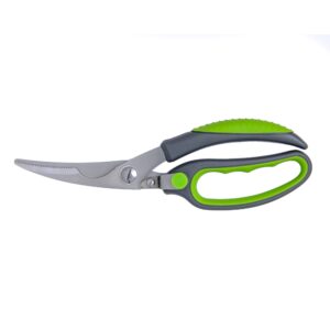 Spring loaded kitchen scissors with grey and green soft-grip handles