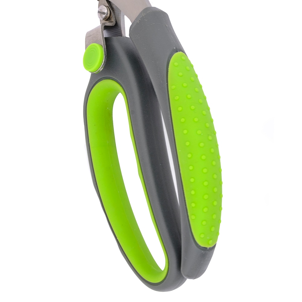Soft grip grey and green handles make these kitchen shears easy to use for those with reduced hand function