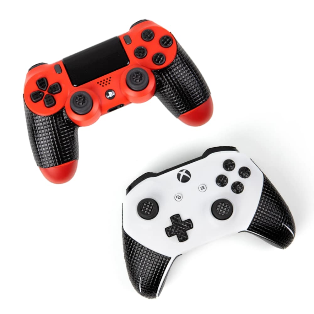 Cat Tongue gaming grips on a red PS4 controller and a white xbox controller