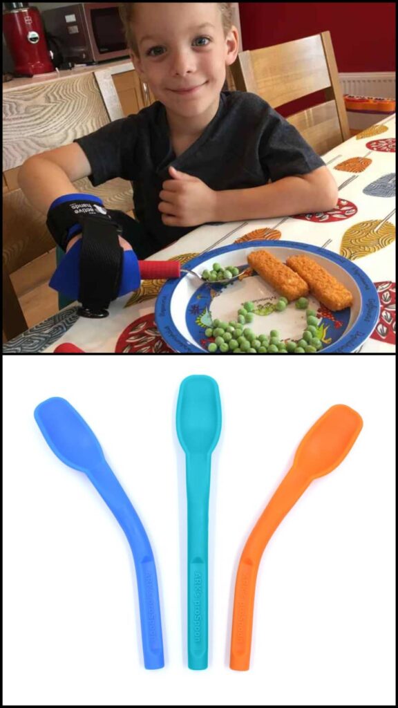 children's cutlery grips being used by a child to eat peas and 3 flexible prospoons