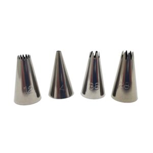 the icing pen set comes with 4 tips, a star tip, a thin round tip, an open star tip and a crenellated tip