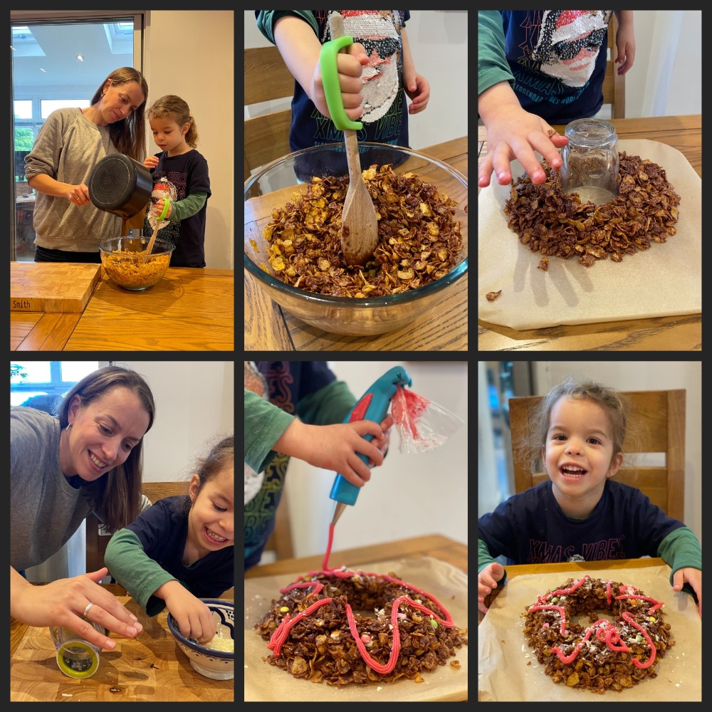 Compilation of girl and Mum making a Christmas wreath cake using Active Hands gadgets