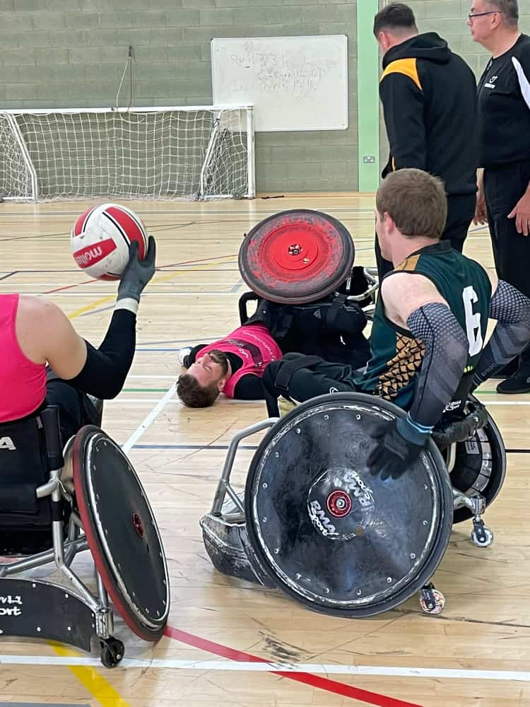 Pondering turning 40 - Gareth in a heap under his wheelchair playing wheelchair rugby