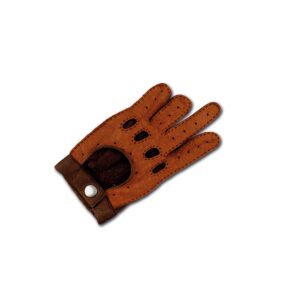 a bespoke driving glove in brown leather for a user with 3 shorter fingers