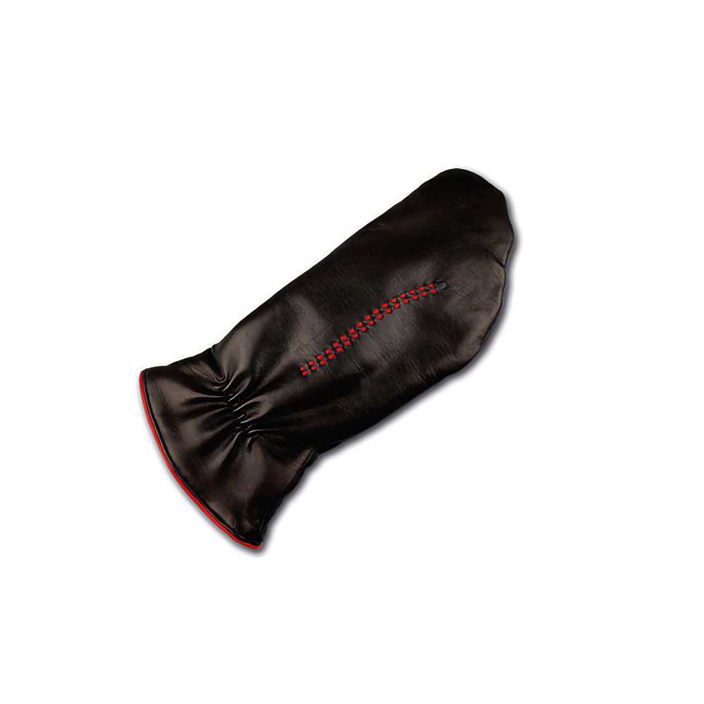 bespoke leather mitten with red decoration on it for a limb difference user