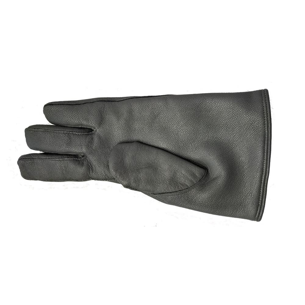 A grey suede leather glove made for a user with three fingers