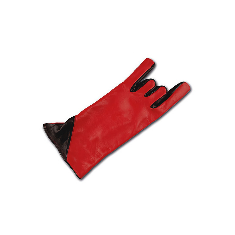 a bright red bespoke made glove with two shorter fingers