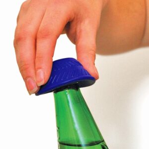 Blue silicone bottle opener on a green bottle being opened with one hand