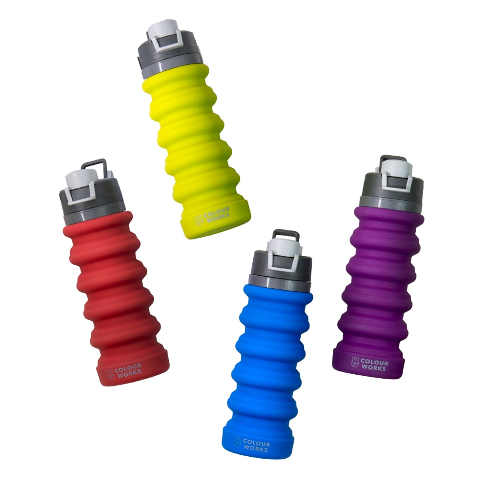 4 collapsible bottles fully extended in red, green, blue and purple