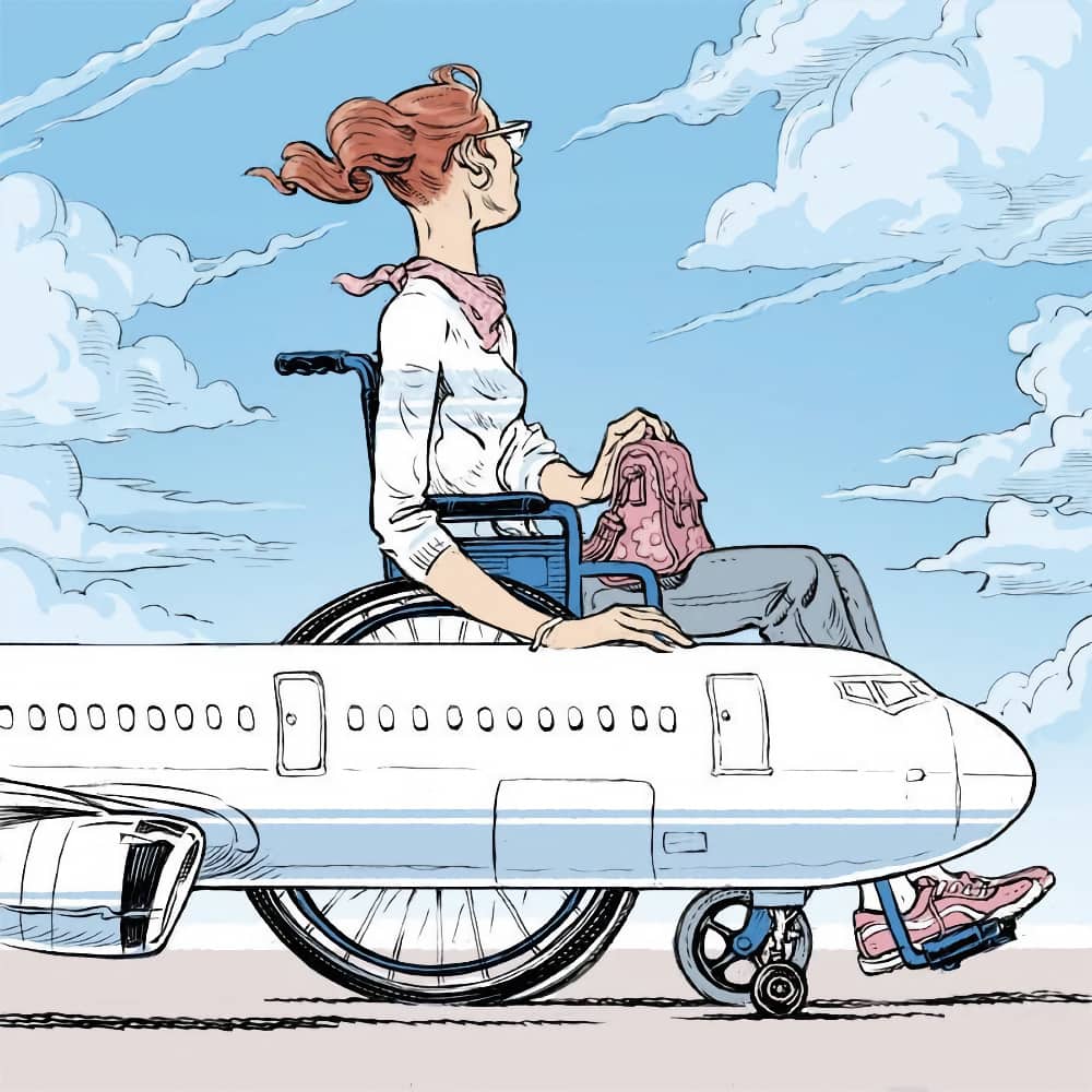 A cartoon showing a small plane with a female in a wheelchair next to it. The female is a lot bigger than the plane. The image is used to illustrate an airline that is not prepared for travellers with a disability.
