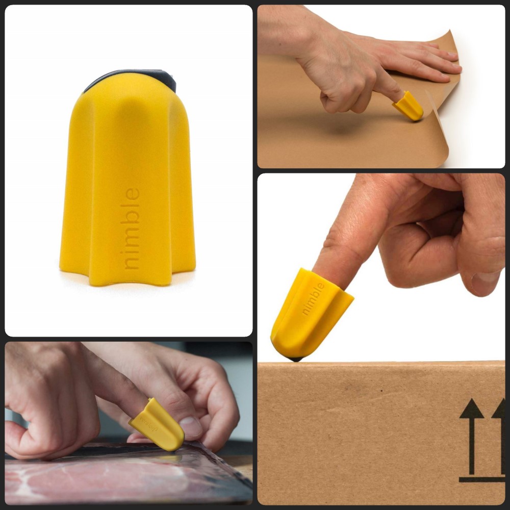 The Nimble is worn on your finger and can open packages and cut through wrapping paper and plastic film.