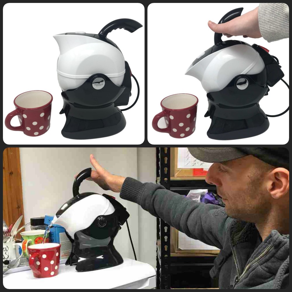A tip-able kettle that allows you to pour without lifting! Safer for those with weak grip than lifting a heavy kettle of boiling water.