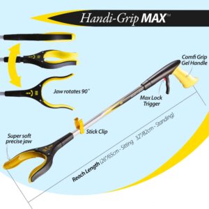 Specification of the handi-grip reacher grabber showing how the jaws can be rotated and how long it is (65cm).