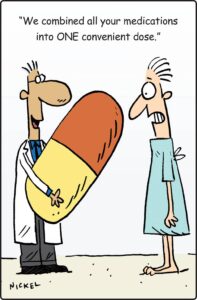 a cartoon where is doctor is prescribing one giant pill of combined medication