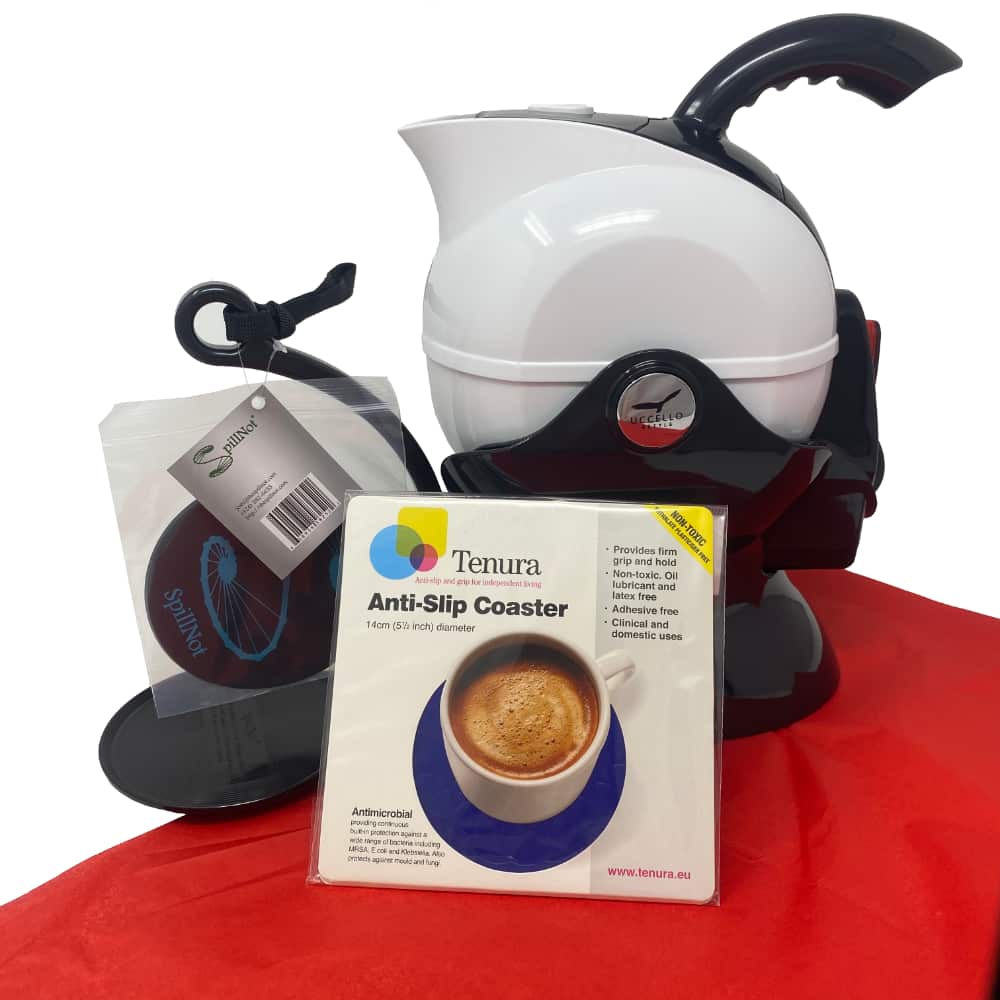 The Tea Bundle contains the Uccello easy pour kettle, a Non-Slip Coaster and a SpillNot. Good for coffee makers too!