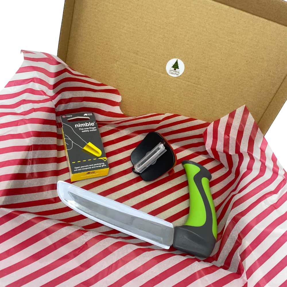 Veg prep bundle in its Christmas packaging. Get your Christmas dinner sorted with this handy pack containing a Nimble, All-purpose Knife and a Palm Peeler