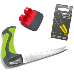The veg prep bundle contains a nimble for opening packaging, a palm peeler and an all purpose knife