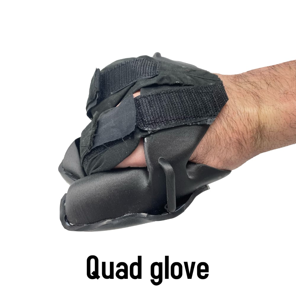 The quad version of the wheelchair racing glove has straps that pull your fingers into position meaning you have a tight hold on the glove