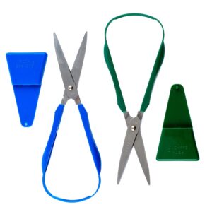 easi grip scissors right handed blue handle and left handed green handle with blade guards