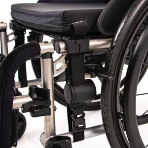 The LapStacker Flex on a folding wheelchair showing how it fits vertically to allow the chair to be folded