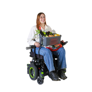 LapStacker XD being used to hold a basket of shopping on a wheelchair user's lap