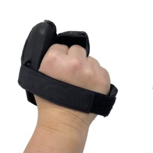 Wheelchair racing glove for those who have some grip showing the strap at the back