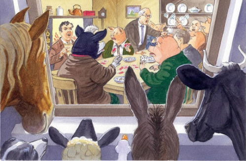 image showing humans and pigs eating around a table with farmyard animals watching through a window