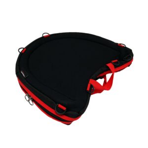 The trabasack curve is a wheelchair bag with red trim that fits to your body. It has a velcro receptive surface.