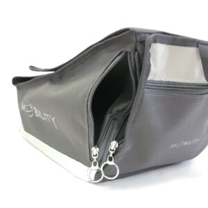 The underwheel chair storage box has a side pocket accessed by a zip with a metal ring on it for easy of use