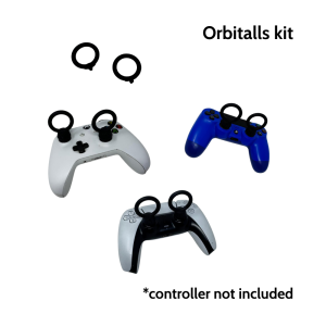 Gaming Controller Grips Orbitalls Kit on PS4, PS5 and Xbox controllers. Text in image reads "orbitalls kit" and "controller not included"