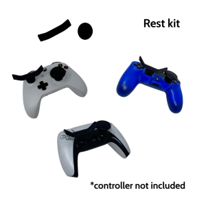 Gaming Controller Grips Rest Kit on PS4, PS5 and Xbox controllers. Text in image reads "rest kit" and "controller not included"