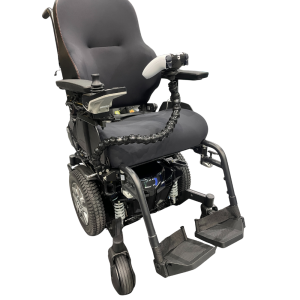 Flexi Phone Holder attached with a rail mount to a power chair with a gaming controller attached