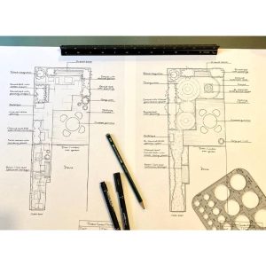 Image shows a detailed plan for a garden, with pencils and stencils laying across the work.