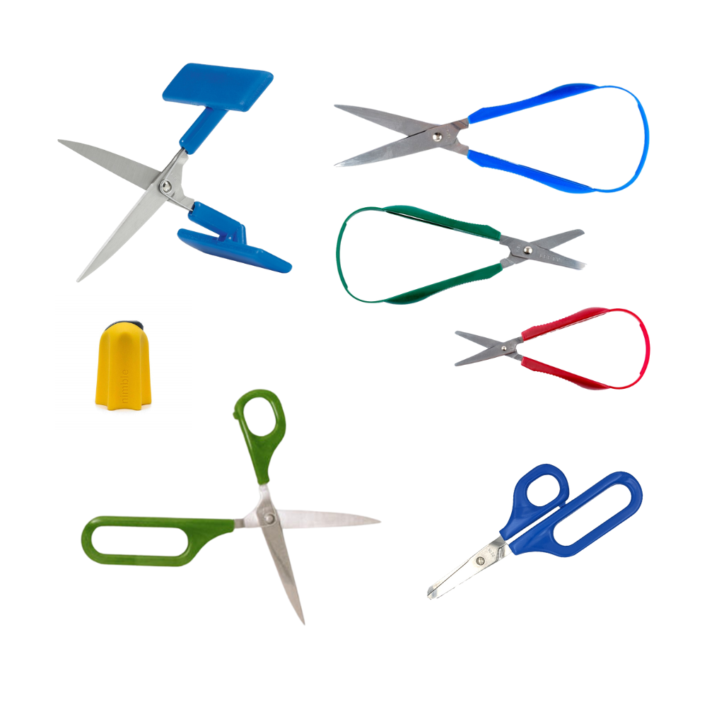 image shows a range of accessible tools for cutting, all available from active hands.
