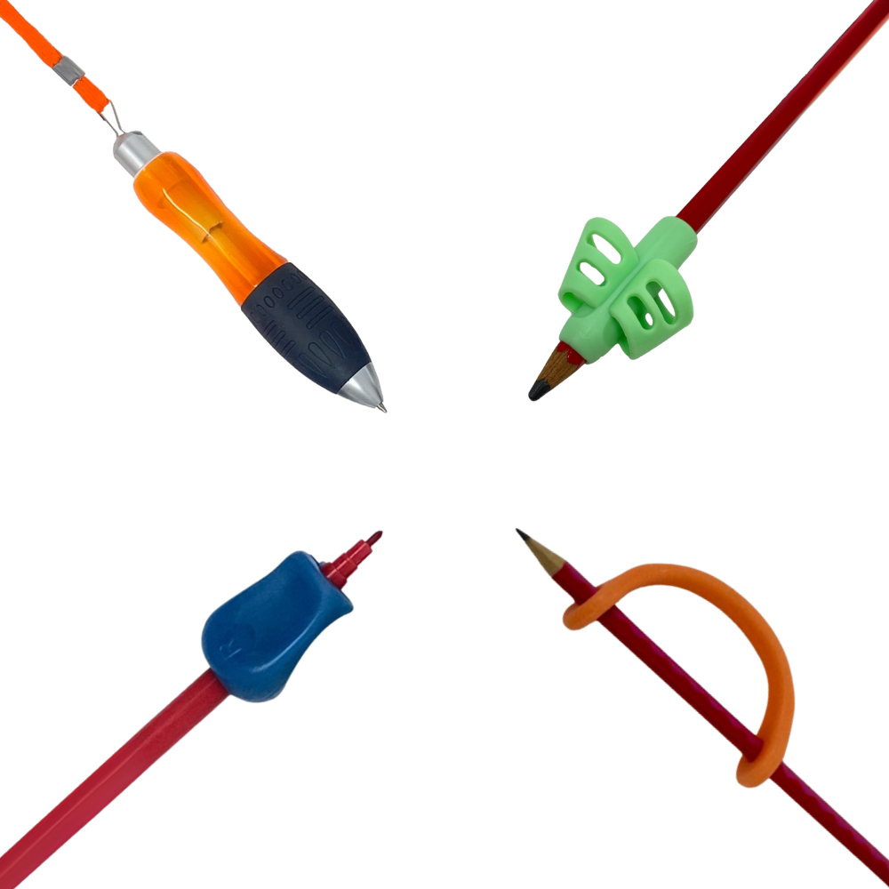image shows four pencil grip options for those with reduced finger function.