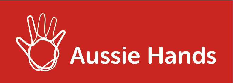 Aussie Hands logo - the words aussie hands with a picture of a hand
