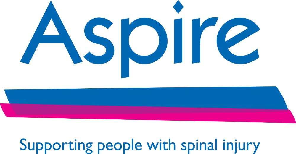 image shows logo of the charity aspire, which features the word in blue with pink and blue lines underneath.