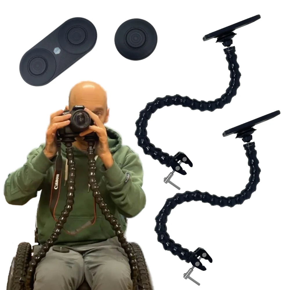 Photography pack for those who are manual wheelchair users. Hold your D/SLR camera at head height