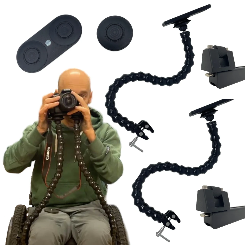Photography pack for those who are power wheelchair users. Hold your D/SLR camera at head height